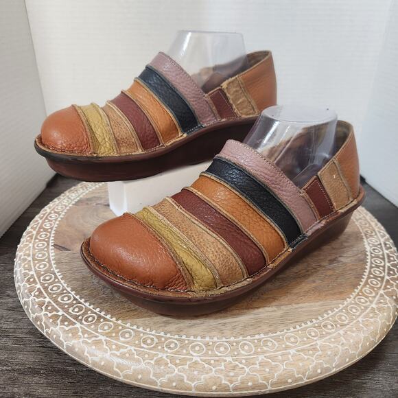 Spring Step Camel Stripe 100% Leather Firefly Slip-on Mules Clog Women Shoe 9-10 - Picture 1 of 12
